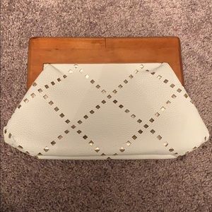 White leather and wood clutch